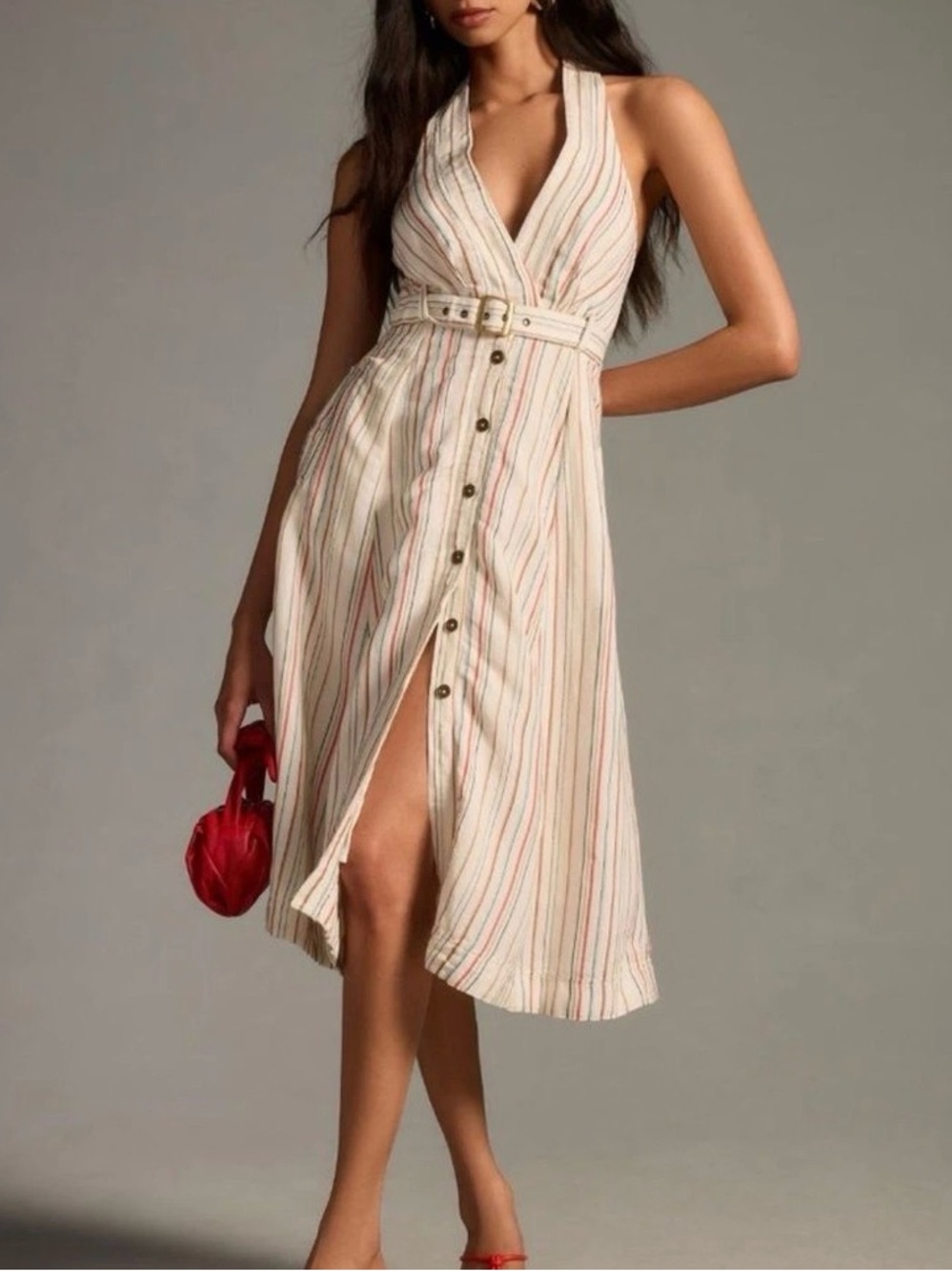 Anthropologie Maeve belted v-neck linen blend dress size 12.